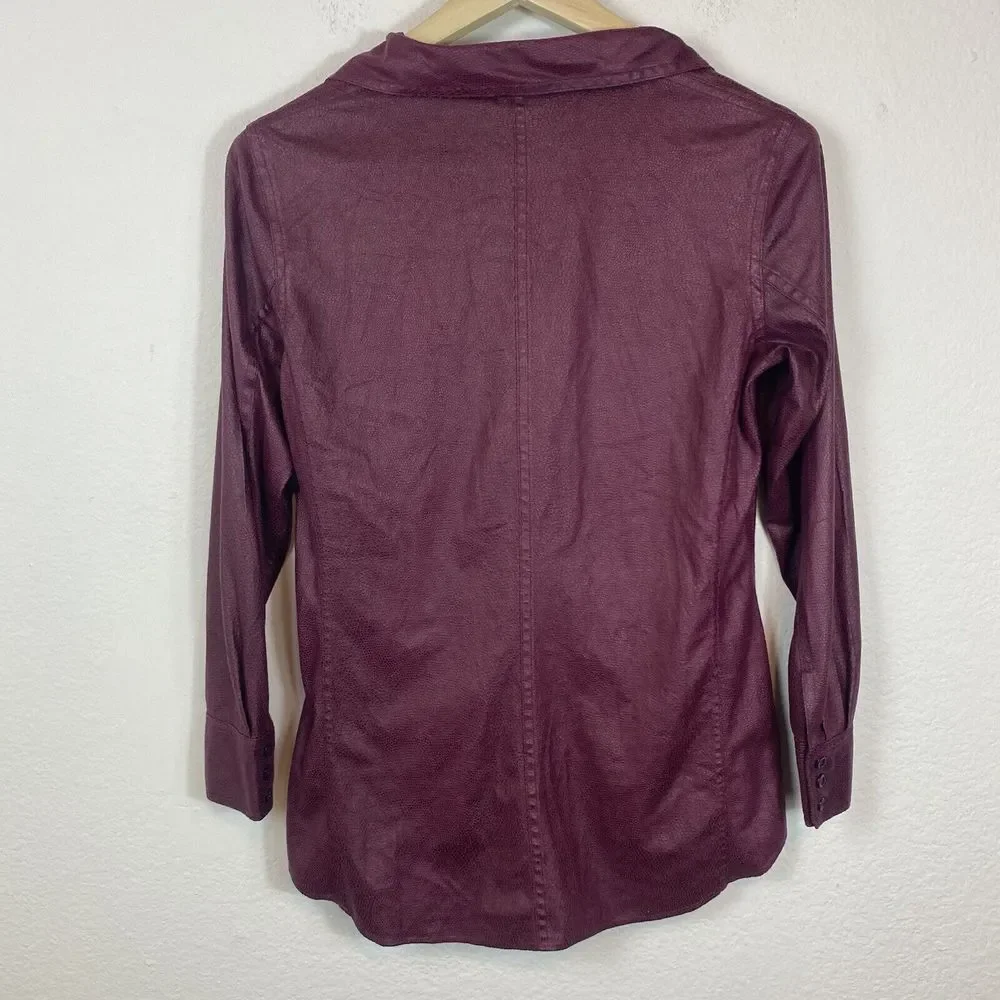 Chico's Medium Button Up Jacket Faux leather Burgundy Lightweight Animal Print‎